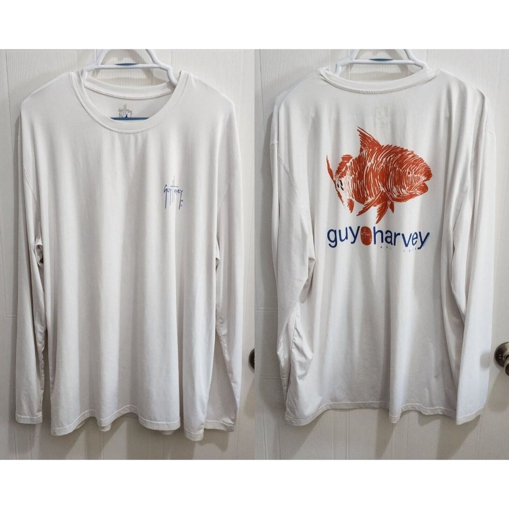 Guy Harvey Performance White Fishing Graphic Long Sleeve Shirt Size Large 2016